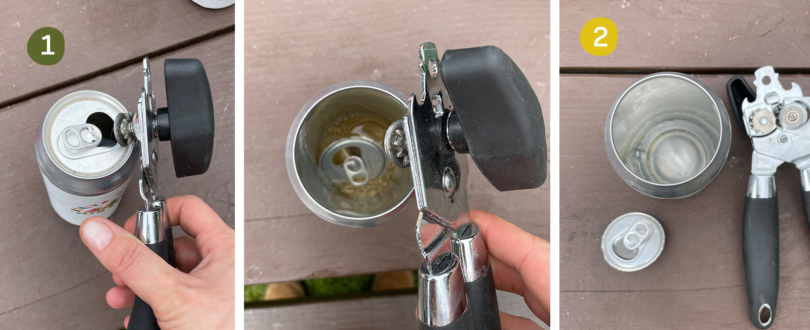 Use can opener to remove the top of the can, wash out can, add  clean water.